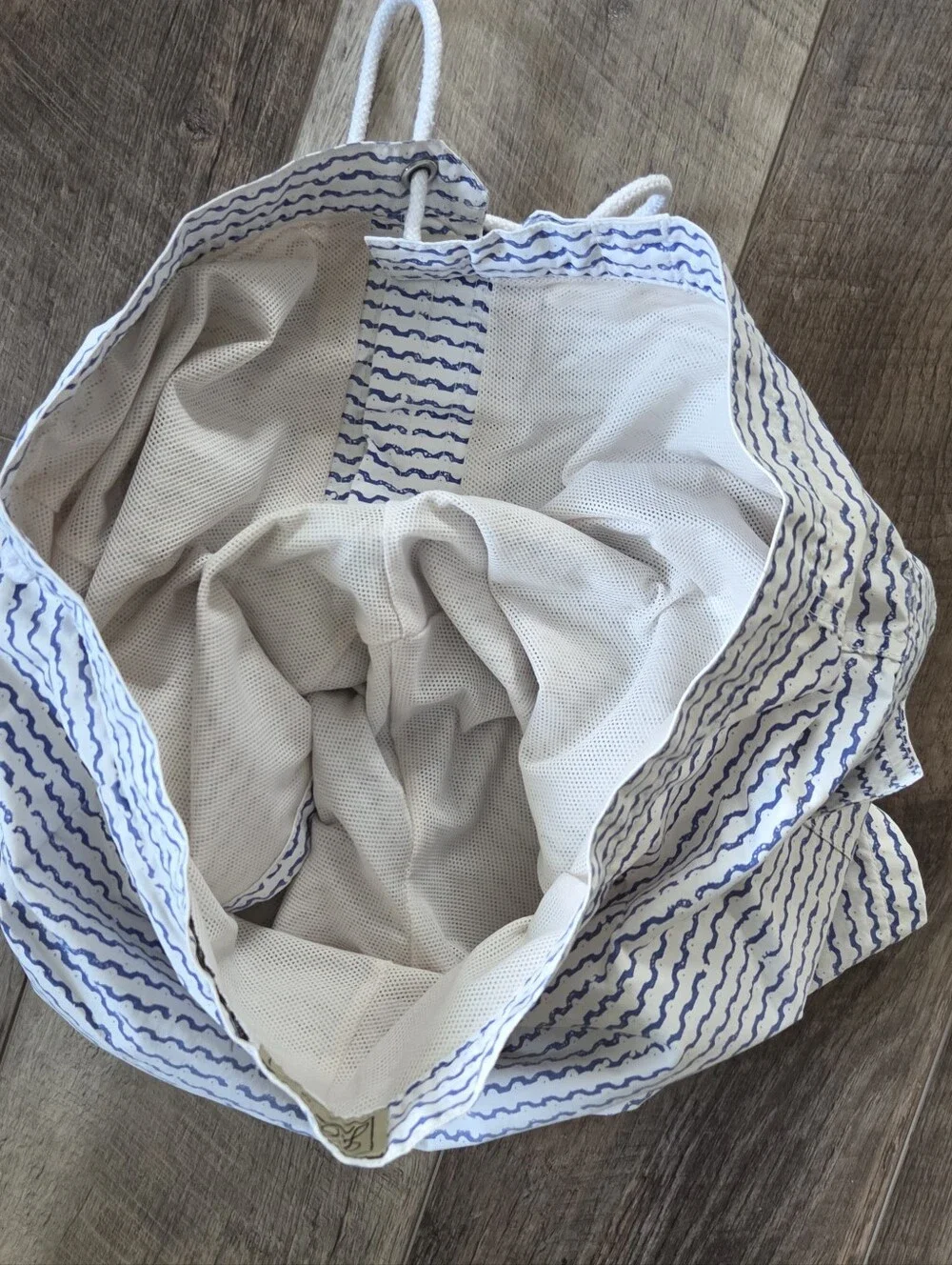 J. Crew White Swim Trunks with Blue Wave Stripe, Size 33